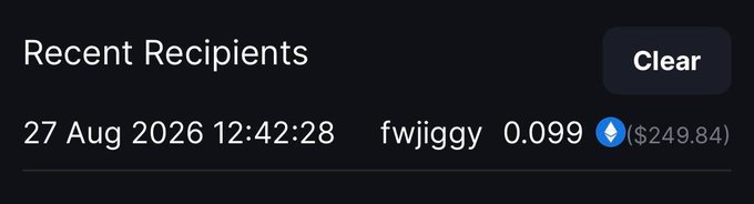 The image shows a transaction confirmation under "Recent Recipients," dated 27 Aug 2026 12:42:28, indicating 0.099 ETH (~$249.84) was sent to user **fwjiggy**. This visually confirms the celebratory post congratulating @jiggyarc on receiving approximately $250 in ETH.