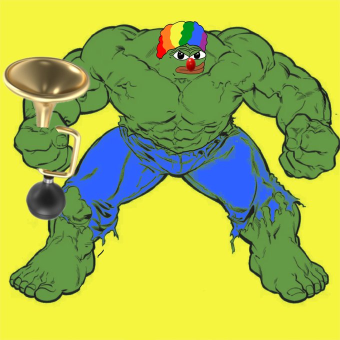 An illustration of a muscular green Hulk-like character with a rainbow afro, red nose, and torn blue pants, holding a brass plunger-like object against a bright yellow background.