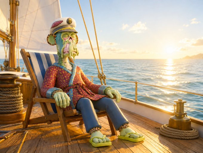 A green-skinned zombie captain in a floral robe and captain's hat lounges peacefully in a striped deck chair on a sailboat, soaking in the serene sunset over calm ocean waters. The image perfectly captures the "gm" post's vibe of feeling refreshed and clear-minded, as even the undead appear rejuvenated by this tranquil morning at sea.