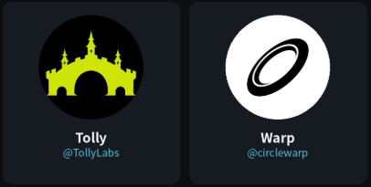 Two social media profile cards displayed on a dark background: 'Tolly' (@TollyLabs) with a yellow castle logo and 'Warp' (@circlewarp) with a circular logo.