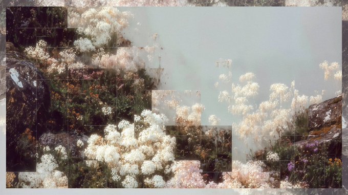 An impressionistic, dreamlike digital artwork featuring clusters of white flowers, foliage, and a misty landscape rendered in soft pastel tones.