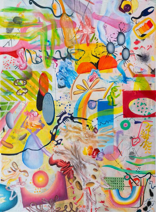 A vibrant, chaotic abstract painting filled with colorful shapes, squiggles, and various small objects and figures scattered across a light background.