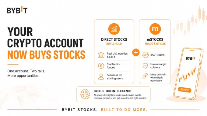 Bybit promotional image stating 'YOUR CRYPTO ACCOUNT NOW BUYS STOCKS' with feature boxes for 'DIRECT STOCKS BUY & HOLD' and 'mSTOCKS TRADE & UTILIZE', along with 'BYBIT STOCK INTELLIGENCE' and tagline 'BYBIT STOCKS. BUILT TO DO MORE.'