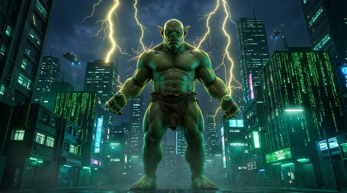 A large, muscular green giant resembling an ogre or troll stands menacingly in the middle of a neon-lit city street by a cyberpunk-style commercial building, with lightning bolts striking in the dark, stormy sky behind him.