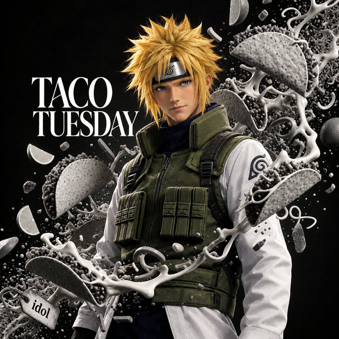 An anime-style character resembling a ninja with spiky blonde hair, wearing a tactical vest over a white shirt, surrounded by flying tacos, with 'TACO TUESDAY' displayed on the left.