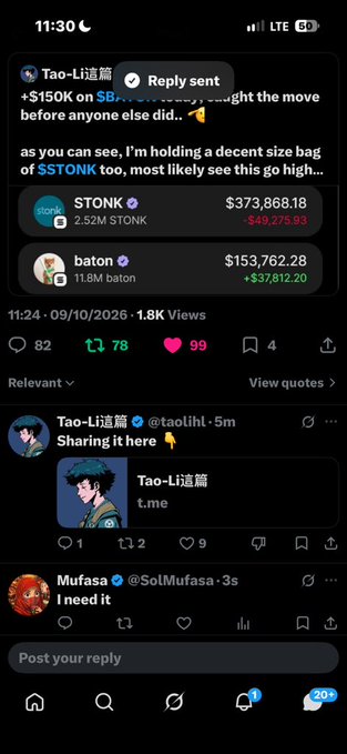 A Twitter/X post from Tao-Li道篇 showing crypto holdings of $STONK and $baton with significant gains and losses, dated 09/10/2026.
