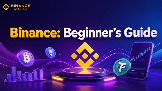 A Binance Academy promotional banner titled 'Binance: Beginner's Guide' featuring cryptocurrency icons including Bitcoin and Tether against a purple background.