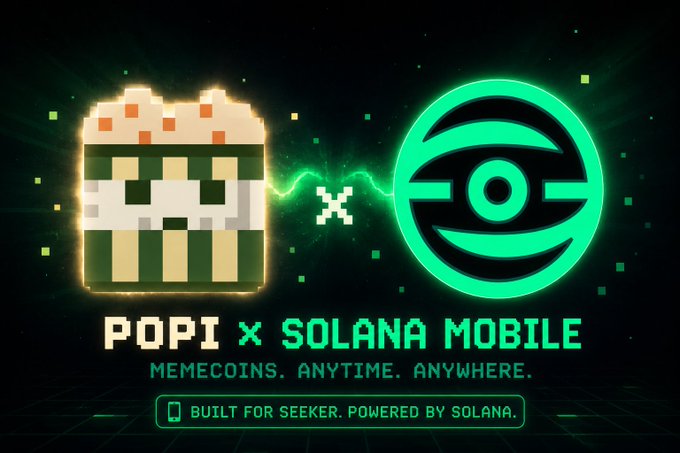 Promotional graphic for 'POPI X SOLANA MOBILE' featuring pixel-art POPI mascot next to the Solana Mobile logo, with text 'MEMECOINS. ANYTIME. ANYWHERE.' and 'BUILT FOR SEEKER. POWERED BY SOLANA.'