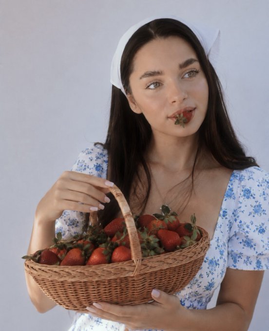 A woman wearing a white headscarf and a blue floral dress holds a wicker basket filled with fresh strawberries while taking a bite of one, set against a soft neutral background.

The serene, summery image aligns with the post's contemplative mood, reflecting the "August lives slowly" caption through its rustic, leisurely atmosphere of enjoying seasonal fruit.