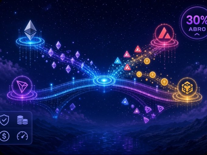 A vibrant digital illustration depicting a cryptocurrency network with glowing Ethereum, Tron, and Avalanche logos connected by streams of neon lights, with a '30% ABRO' badge in the corner.