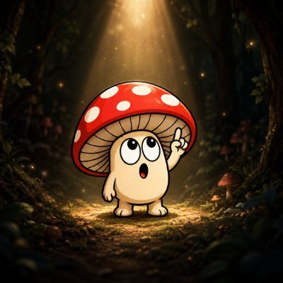 A cartoon mushroom character with big expressive eyes and a surprised look stands in a magical forest clearing, illuminated by a beam of golden light from above, serving as the mascot for the $SHRUM token promoted on Robinhood. The image visually reinforces the post's playful branding of the cryptocurrency, with its mushroom theme echoing the ticker name $SHRUM and the "Let it grow" messaging.
