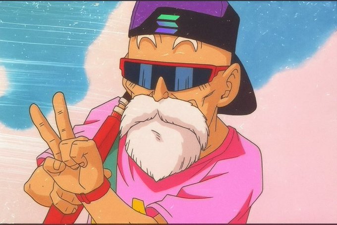 An anime-style illustration shows an older man with a white beard, purple cap, and sunglasses making a peace sign against a blue and pink sky.