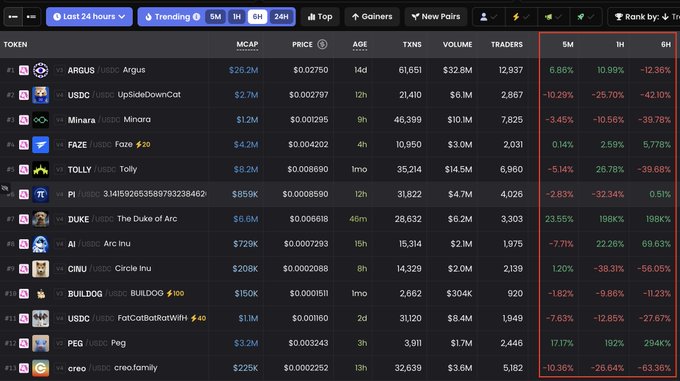 A cryptocurrency token tracker table showing various tokens including ARGUS, USDC, Minara, FAZE, TOLLY, PI, DUKE, AI, GINU, BUILDOG, USDC, PEG, and crea, with columns for MCAP, PRICE, AGE, TXNS, VOLUME, TRADERS, and percentage changes over 5M, 1H, and 6H intervals.