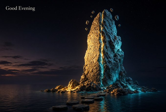 A nighttime digital artwork of a tall rocky spire rising from the sea, illuminated with glowing golden and blue light, with the text 'Good Evening' in the corner.
