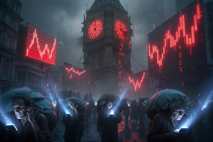 Hooded figures gather before Big Ben as the clock glows red, illuminated by cascading digital candlestick charts and numbers like "21,400" and "4909" projecting across the rainy London skyline. The dystopian scene mirrors the post's warning about a covert "battle for the financial system," portraying a shadowy elite controlling markets in the rain while ordinary people are transfixed by glowing screens—much like the idea that XRP has been quietly chosen amid the chaos while the "Clarity Act" serves as a distraction.