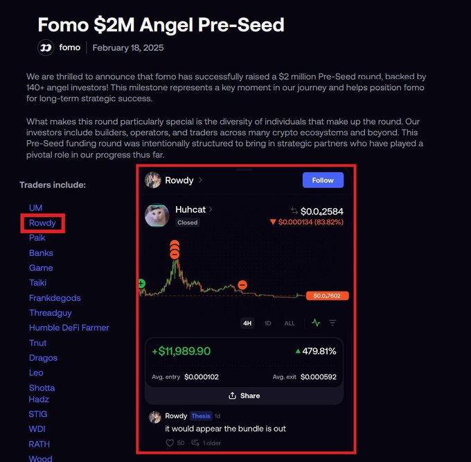 The image shows a Fomo announcement titled "Fomo $2M Angel Pre-Seed" dated February 18, 2025, listing "Rowdy" as one of the angel investors. A highlighted trading profile for "Rowdy" is shown, displaying a $11,989.90 profit (479.81%) on the "Huhcat" token, which appears to be marked as "Closed" with a 63.62% drop. The post criticizes founder Seyong for recruiting controversial figures like Rowdy and FrankDeGods—known for their involvement in alleged rug pulls and the $LIBRA scandal—as angel investors, framing it as a deliberate choice to legitimize their activities within the Fomo platform.