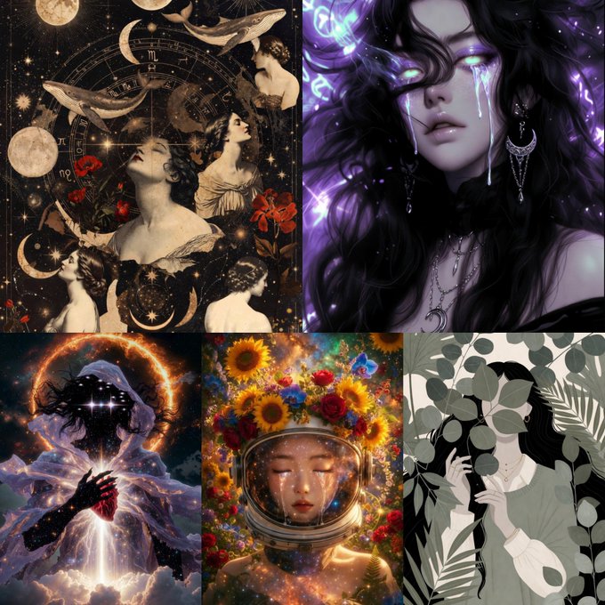 A collage of five mystical, celestial-themed digital artworks featuring women with cosmic elements, including moon phases, glowing purple eyes, a sun-haloed astronaut, a floral astronaut helmet, and a figure among green leaves.