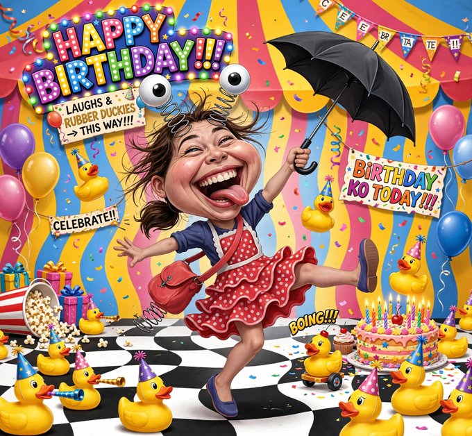 A wildly cartoonish birthday scene features a laughing girl with springy eyes holding an umbrella amid balloons, rubber ducks, a cake with candles, and signs reading "HAPPY BIRTHDAY!!!", "CELEBRATE!!", and "BIRTHDAY KO TODAY!!!" on a checkered floor. The festive, over-the-top imagery playfully mirrors the post's tone of celebrating another year of life, adding a humorous visual spark to the shoutout to @quipnetwork.