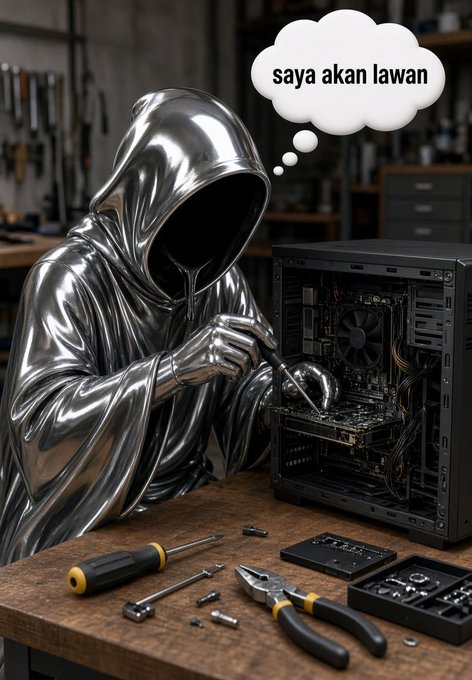 A hooded figure in a chrome cloak works on a computer with a screwdriver, thinking "saya akan lawan" (I will fight/back). The image relates to the post by depicting a lone, determined "warrior" tackling technical frustrations with Solana's `@tipmotion` system, ready to fix the broken functionality themselves.
