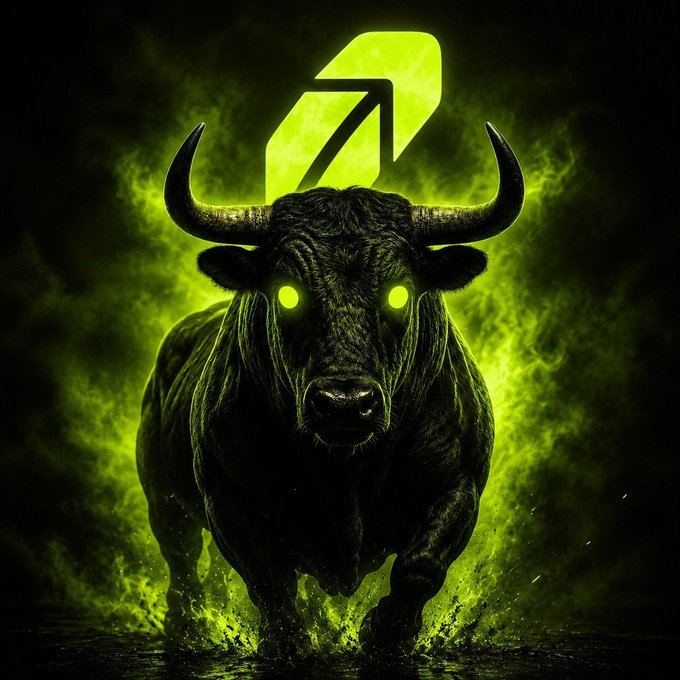 A dramatic digital illustration shows a powerful black bull with glowing green eyes charging forward against a green smoky background with a stylized logo above it.