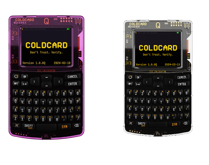 Two Coldcard Mk4 hardware wallets displayed side by side with transparent casings revealing the circuit boards; screens display 'COLDCARD Don't Trust. Verify. Version 1.8.0Q 2024-03-18'.