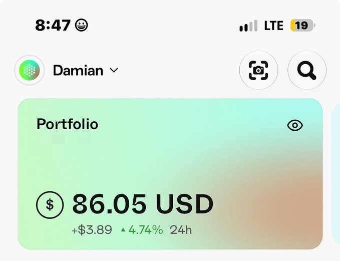 A screenshot of a mobile crypto portfolio app displays the user "Damian's" balance at $86.05 USD, up $3.89 or 4.74% in 24 hours, visually confirming the claim of being $86 richer from web3 earnings.