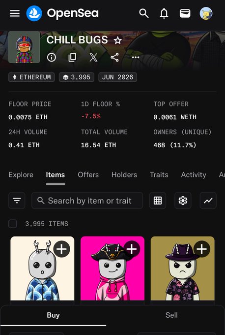 An OpenSea NFT marketplace page for the 'CHILL BUGS' collection on Ethereum, showing a floor price of 0.0075 ETH, 24h volume of 0.41 ETH, and 468 unique owners.