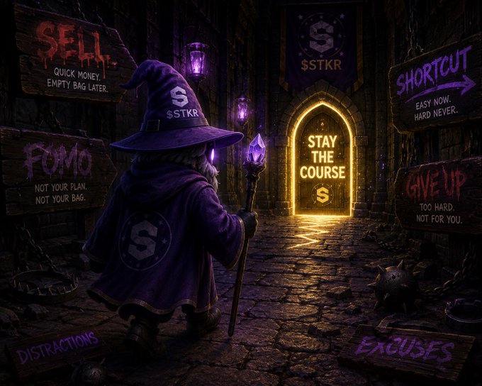 A wizard in a purple robe stands before a glowing door labeled 'STAY THE COURSE' with '$TKR' branding, surrounded by dark signs warning against 'SELL', 'FOMO', 'SHORTCUT', 'GIVE UP', 'DISTRACTIONS', and 'EXCUSES'.