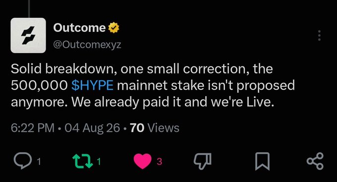 A tweet from Outcome (@Outcomexyz) states: "Solid breakdown, one small correction, the 500,000 $HYPE mainnet stake isn't proposed anymore. We already paid it and we're Live." The tweet, posted at 6:22 PM on Aug 4 with 70 views, confirms the accompanying post's correction that the 500,000 $HYPE stake has already been paid, with Outcome now live on HyperliquidX.