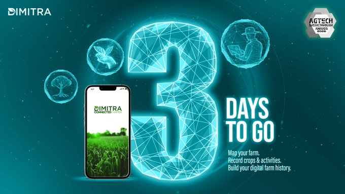 A promotional graphic from Dimitra featuring a smartphone displaying the Dimitra Connected Farmer app, with a large glowing '3 Days To Go' text and tagline 'Map your farm. Record crops & activities. Build your digital farm history.'