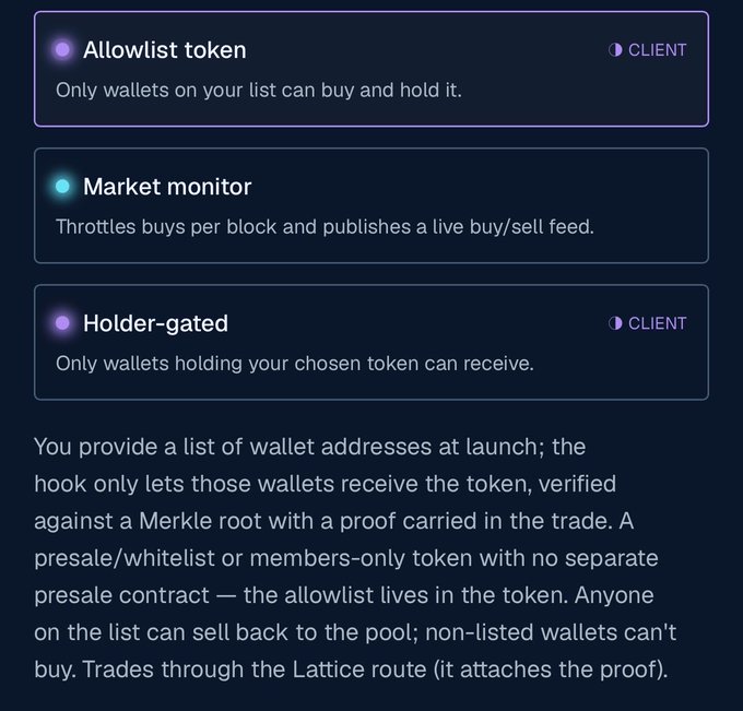 A digital interface displays token features including 'Allowlist token,' 'Market monitor,' and 'Holder-gated' options, with explanatory text about Merkle root verification and Lattice routing for wallet allowlists.