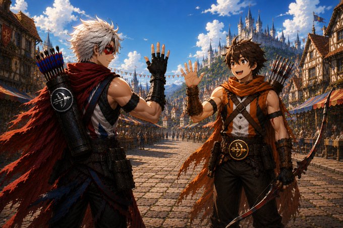 Two archers—one with white hair and a red mask, the other with brown hair—high-five in a bustling medieval fantasy marketplace beneath a grand castle, symbolizing the enthusiastic community engagement and partnership teased for the upcoming New ArcherSwap launch.