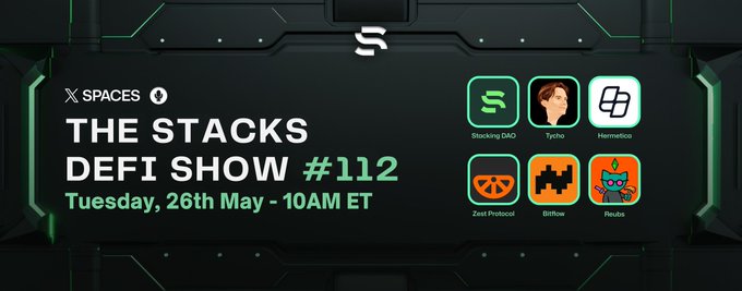 The image features a poster for The Stacks DeFi Show, which was held on May 26th at 10am ET. The poster displays various icons related to cryptocurrency and trading, including a robot, a person's face, and an orange cat. The text on the poster highlights that the event focused on Bitcoin yield products and their flaws in comparison to traditional fiat currency.
