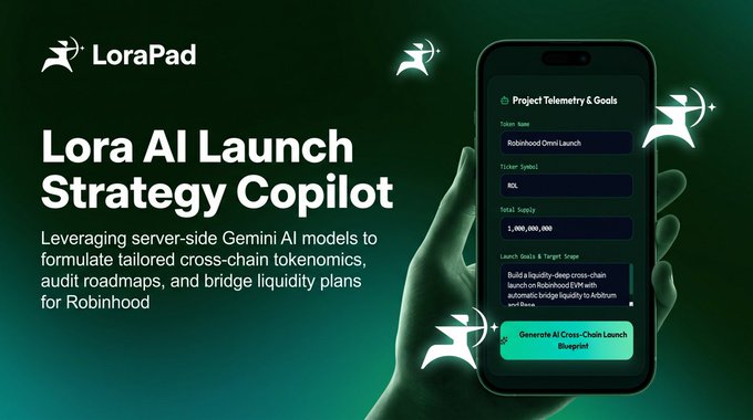 A promotional graphic for LoraPad's Lora AI Launch Strategy Copilot, describing how it uses server-side Gemini AI models to create tailored cross-chain tokenomics and liquidity plans for Robinhood.