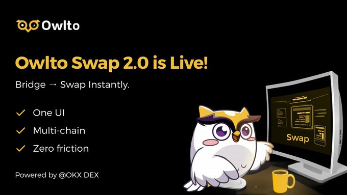 A promotional graphic for "Owlto Swap 2.0" featuring the Owlto owl mascot wearing glasses next to a computer displaying the Swap interface, highlighting features like "One UI," "Multi-chain," and "Zero friction," and noting it's "Powered by @OKX DEX."