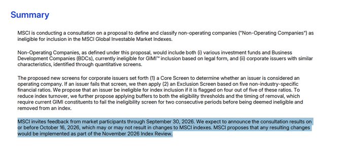 The image displays an MSCI summary regarding a consultation on excluding non-operating companies from Global Investable Market Indexes, with a key highlighted section stating feedback is due by September 30, 2026, and results expected by October 16, 2026. The image supports the post by showing the exact consultation timeline (ending September 30, results by October 16) that the poster references as aligning with the predicted BTC four-year cycle bottom in Q4.