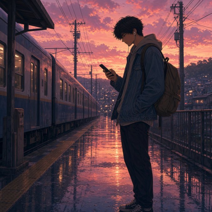 An anime-style illustration of a young man wearing a denim jacket and backpack, looking at his phone while standing on a wet train platform during a vivid pink and orange sunset.