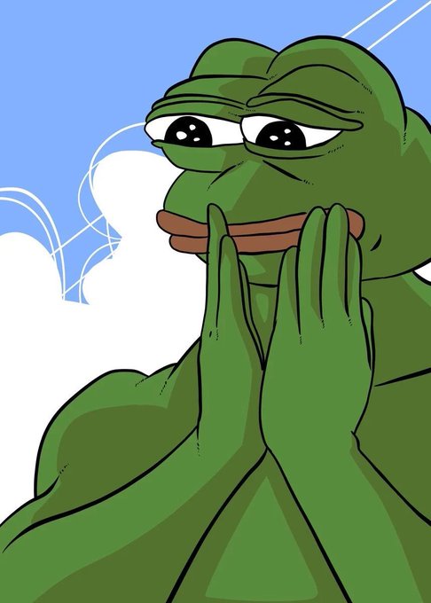 The image features the Pepe the Frog meme with glossy eyes and clasped hands in a pleading or hopeful gesture, visually reinforcing the post's warning to distinguish the genuine $PEPE token from imposters ("dogsht").