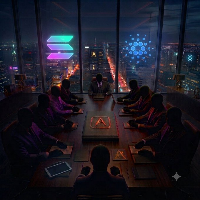 A stylized, dark image depicts a boardroom meeting where silhouettes of executives sit around a large table, with two glowing logos superimposed on the window showing a nighttime city skyline: a purple stacked-diamond Solana logo and a blue dotted Cardano logo.