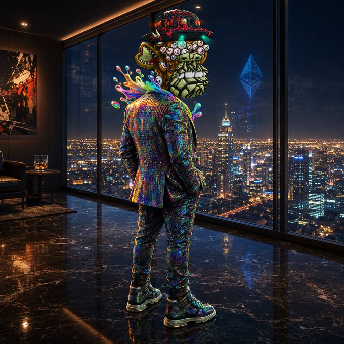 A surreal figure wearing a holographic, iridescent suit stands in a luxurious high-rise room looking out at a vibrant city skyline, featuring a grotesque, multi-eyed headpiece and a glowing Ethereum logo floating outside.