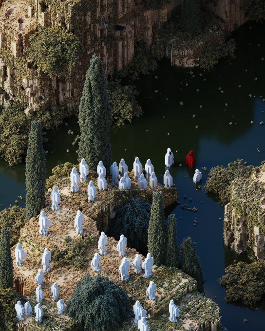 A surreal, high-angle digital artwork depicting a crowd of white-robed figures gathered on a forested cliff beside dark water, with a single red-robed figure standing apart near the edge.