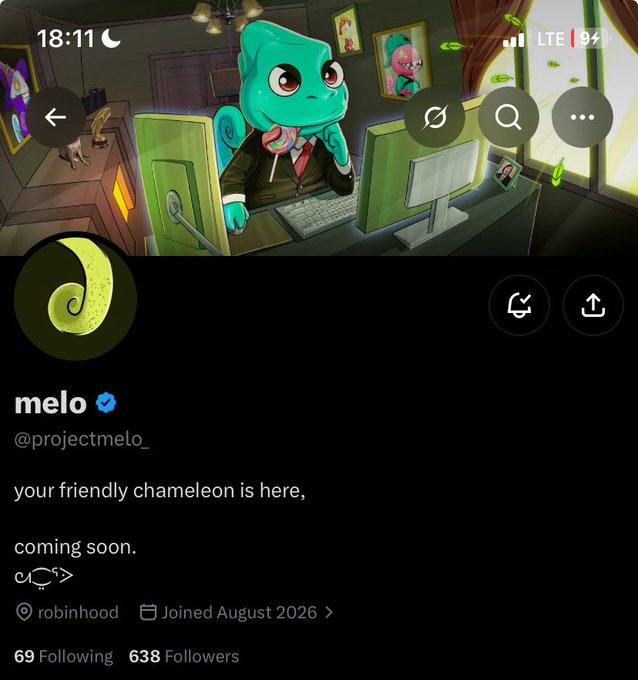 A Twitter/X profile screenshot for 'melo' (@projectmelo_) with the bio 'your friendly chameleon is here, coming soon,' featuring an illustration of a teal chameleon in a suit at a computer desk.