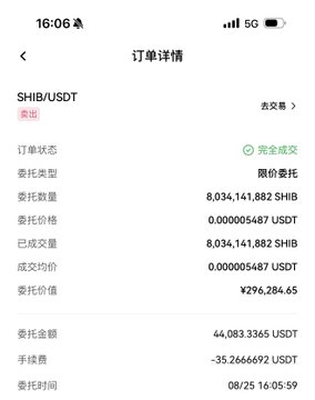 Mobile screenshot of a cryptocurrency order details page in Chinese showing a completed "SHIB/USDT" sell order for 8,034,141.882 SHIB at 0.000005487 USDT, totaling ¥26,284.65, timestamped 08/25 16:05:59.