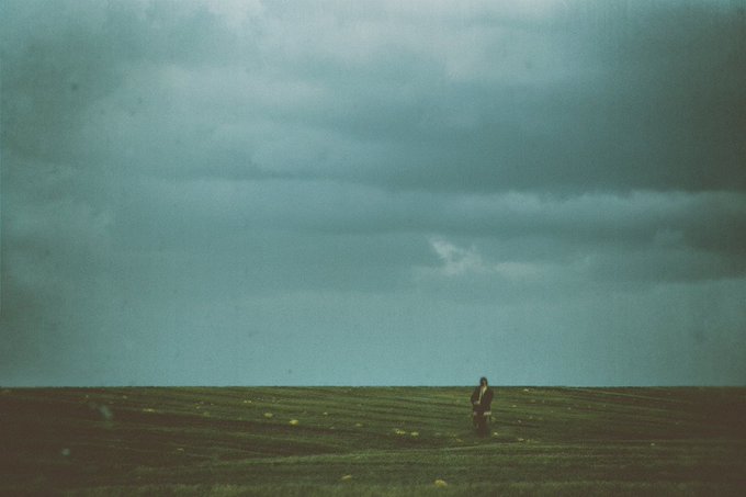 A solitary figure stands in a vast green field under an expansive, moody sky filled with dark, rolling clouds, with small yellow wildflowers scattered across the grass.