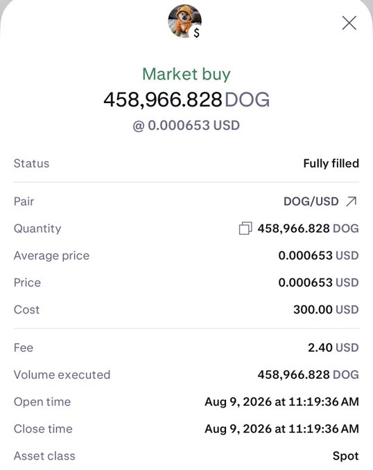 A screenshot of a cryptocurrency market buy confirmation showing the purchase of 458,966.828 DOG at 0.000653 USD, with a total cost of 300.00 USD and a fee of 2.40 USD, executed on Aug 9, 2026.
