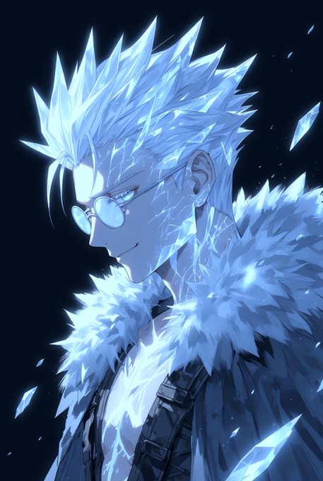 An anime-style character with spiky ice-blue hair, round glasses, and a frost-covered fur-collared coat is depicted in a side profile against a dark background.