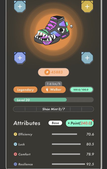 The image shows an app screen with a colorful shoe design displayed at the top, along with various icons representing different game elements such as "StepN" (enhancement), "Legendary", and "EERE" (drip monsters). The text on the screen reads "#STEPN #enhance #Legendary #I made my first Legendary enhancement... although the result is far from legendary". This suggests that the app has been designed to enhance gameplay experiences, possibly by adding new features or improving existing ones.
