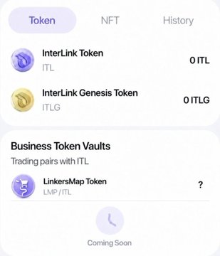 A digital wallet interface displaying token holdings shows a balance of 0 ITL and 0 ITLG under the "Token" tab, with a "Business Token Vaults" section highlighting the upcoming LMP/ITL trading pair for LinkersMap Token, marked as "Coming Soon." This visually supports the educational thread announcing that users will soon be able to swap ITL for LMP to become early holders of the LinkersMap token.
