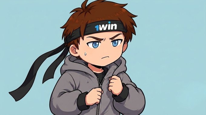 An anime-style boy wearing a gray hoodie and a headband that reads '1win', looking determined with a sweat drop on his face.