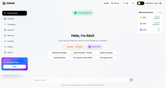 The image shows a page from an app called "AlloX". The screen displays a list of new features and possibilities for users to explore, including building a portfolio and making Bitcoin chains. There are also options for interacting with other users on this platform. The post at the bottom suggests that users can expect new opportunities and products in the future within the AlloX app, which could include more efficient trading of Bitcoin tokens or exciting partnerships between individuals with complementary skillsets.